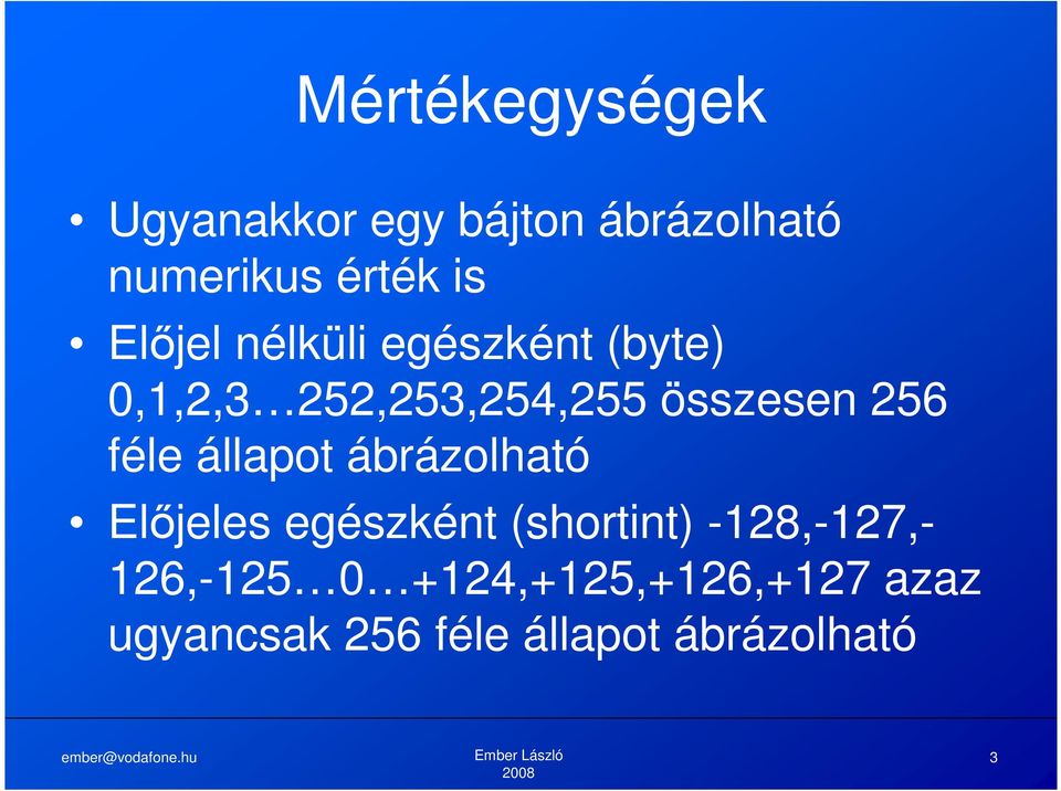 féle állapot ábrázolható Előjeles egészként (shortint) -128,-127,-