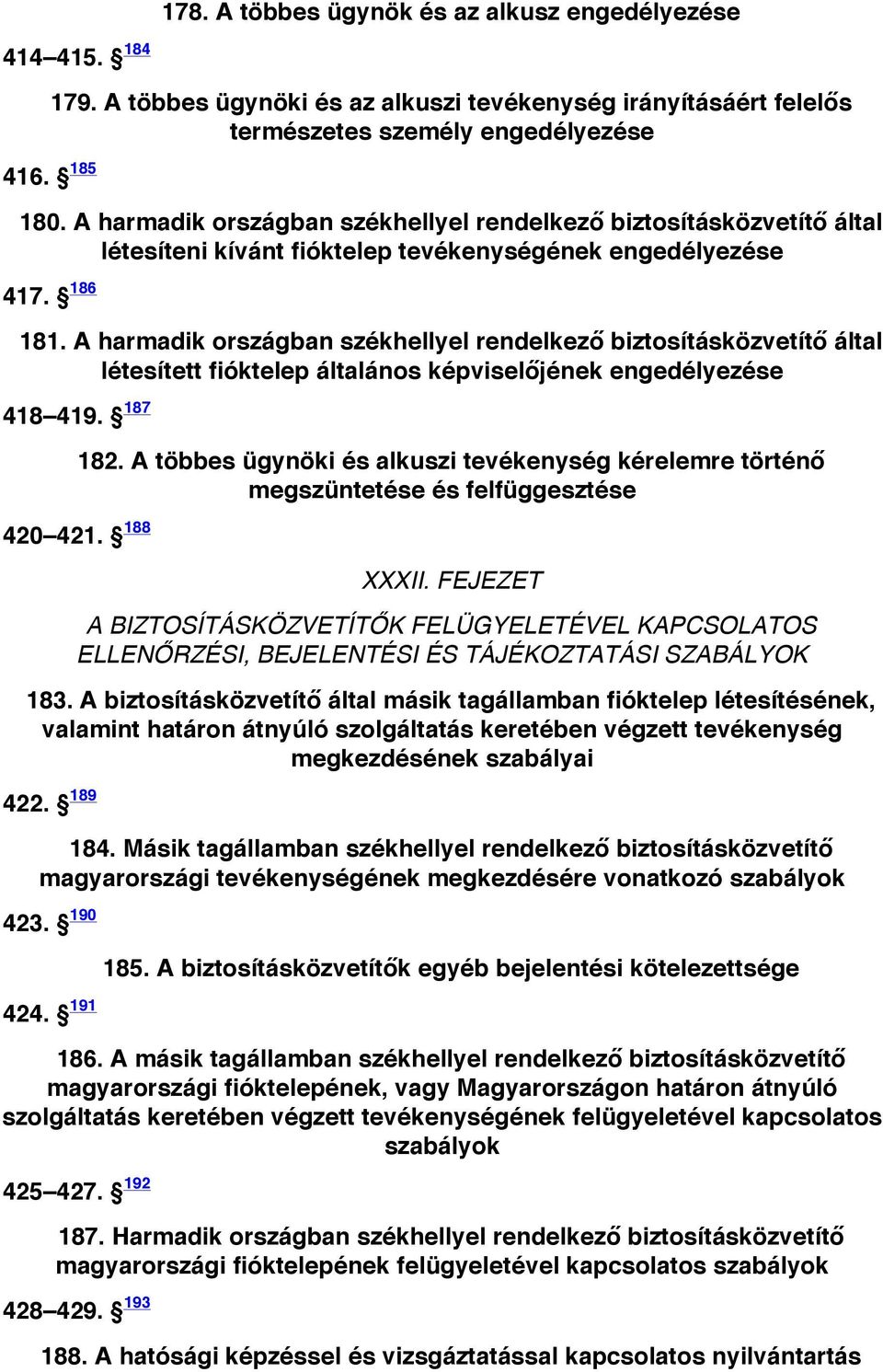 A harmadik országban székhellyel rendelkező biztosításközvetítő által létesíteni kívánt fióktelep tevékenységének engedélyezése 417. 186 181.