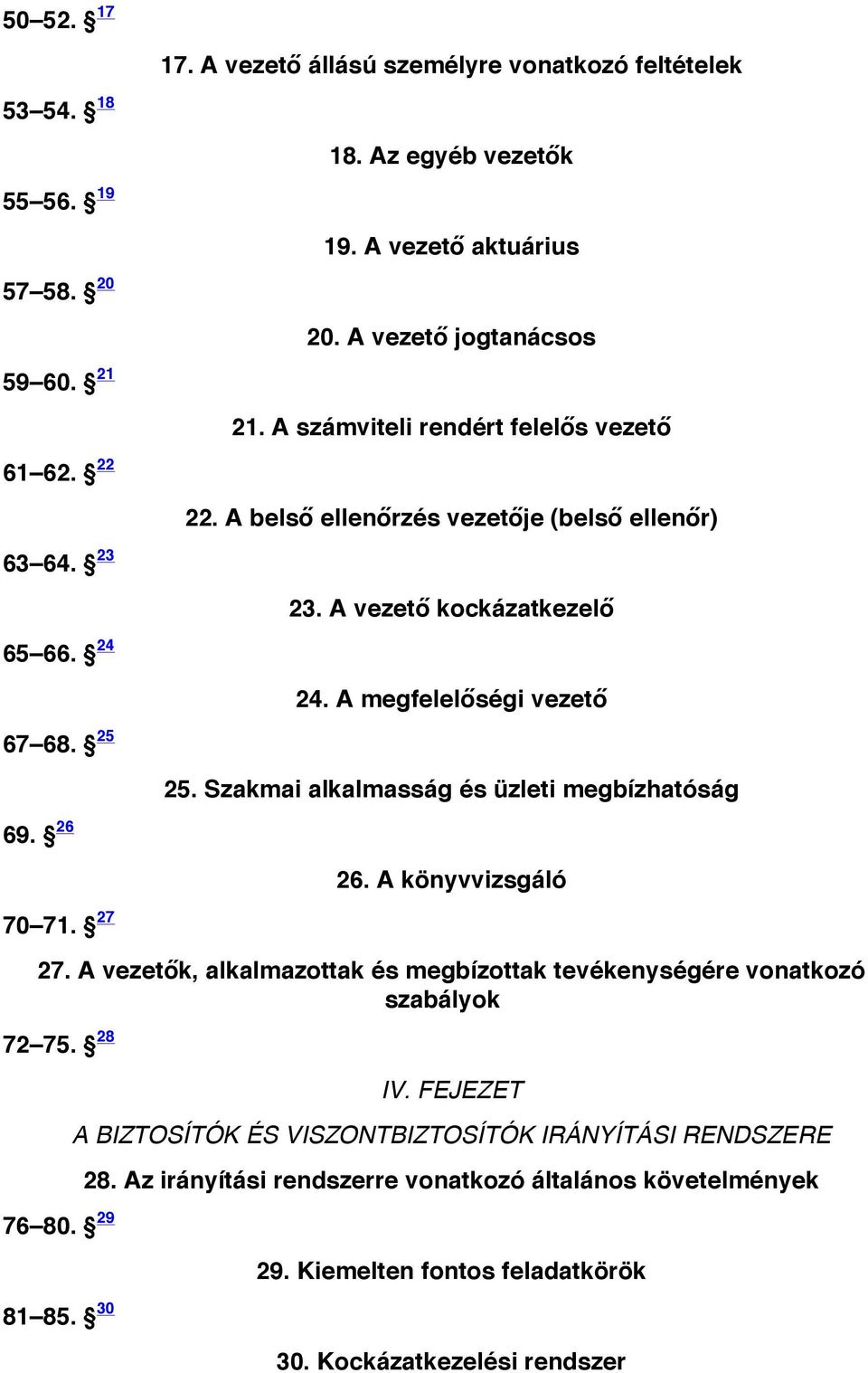 Szakmai alkalmasság és üzleti megbízhatóság 69. 26 26. A könyvvizsgáló 72 75. 28 IV. FEJEZET 76 80. 29 29. Kiemelten fontos feladatkörök 81 85. 30 30. Kockázatkezelési rendszer 70 71.