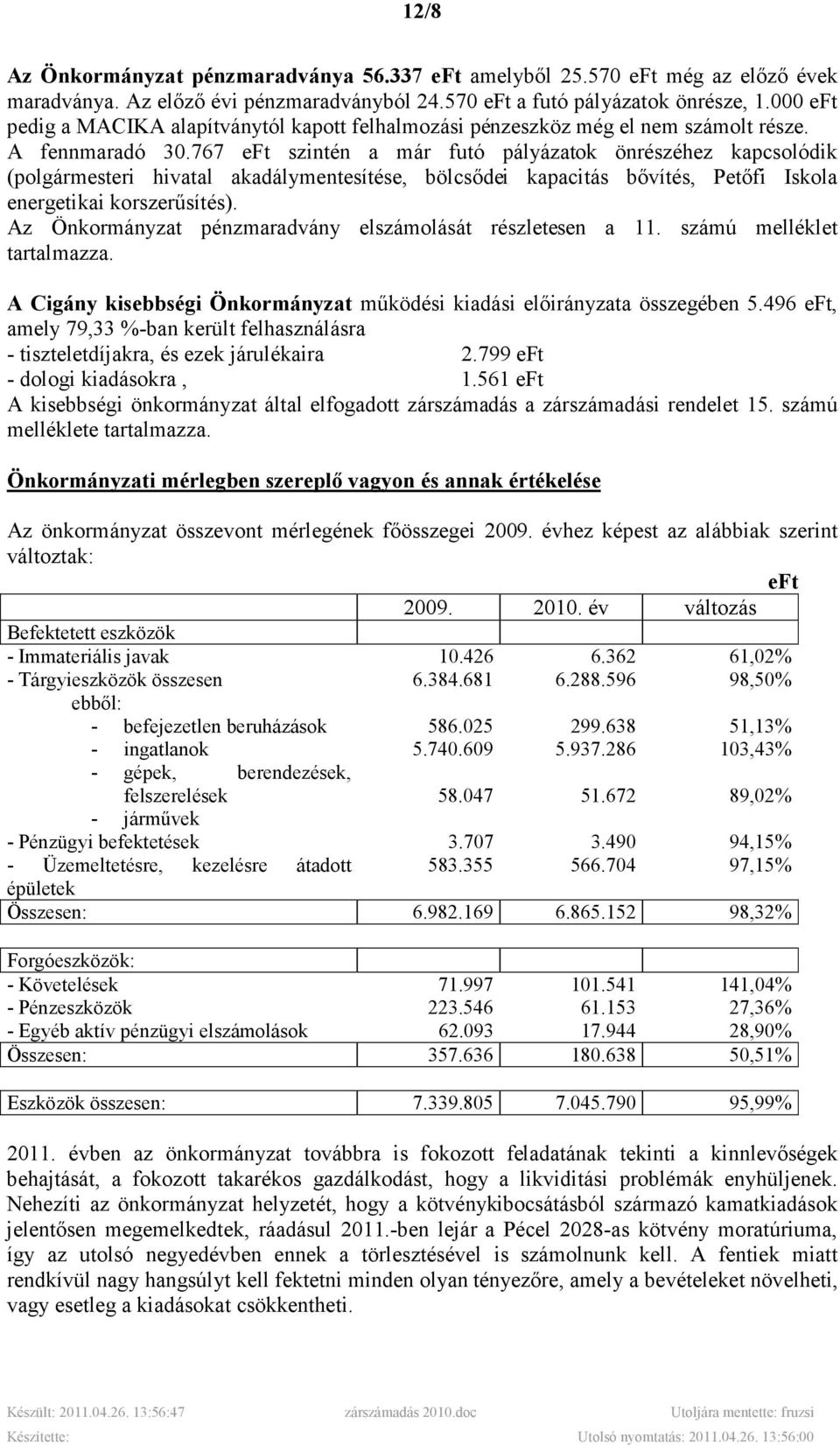 767 eft szintén a már futó pályázatok önrészéhez kapcsolódik (polgármesteri hivatal akadálymentesítése, bölcsıdei kapacitás bıvítés, Petıfi Iskola energetikai korszerősítés).