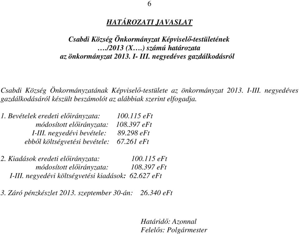 negyedéves gazdálkodásáról készült beszámolót az alábbiak szerint elfogadja. 1. Bevételek eredeti előirányzata: 100.115 eft módosított előirányzata: 108.397 eft I-III.