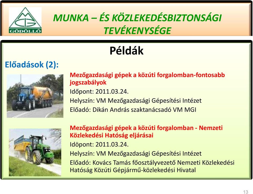 Helyszín: VM Mezőgazdasági Gépesítési Intézet Előadó: Dikán András szaktanácsadó VM MGI Mezőgazdasági gépek a közúti