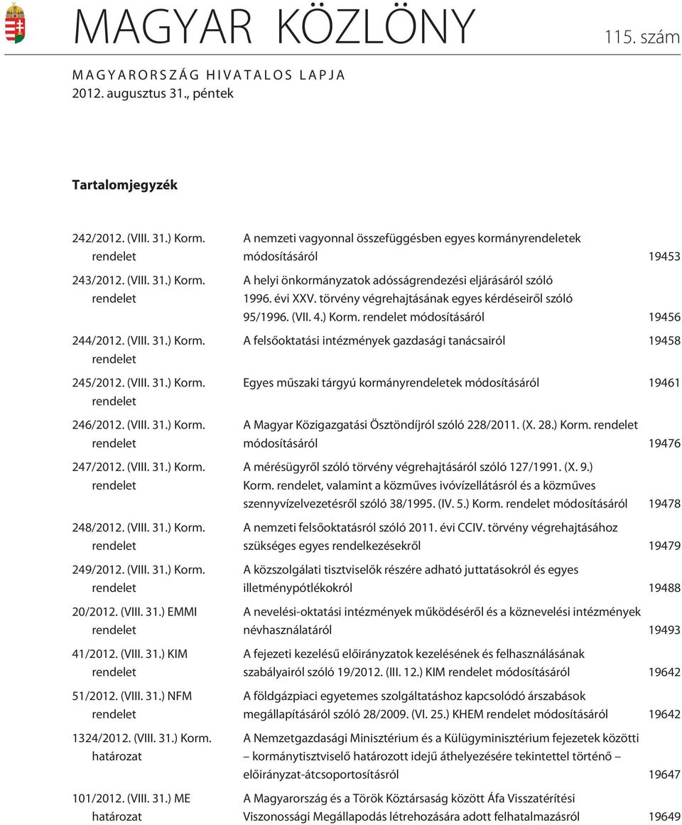 (VIII. 31.) KIM rendelet 51/2012. (VIII. 31.) NFM rendelet 1324/2012. (VIII. 31.) Korm. határozat 101/2012. (VIII. 31.) ME határozat A nemzeti vagyonnal összefüggésben egyes kormányrendeletek módosításáról 19453 A helyi önkormányzatok adósságrendezési eljárásáról szóló 1996.