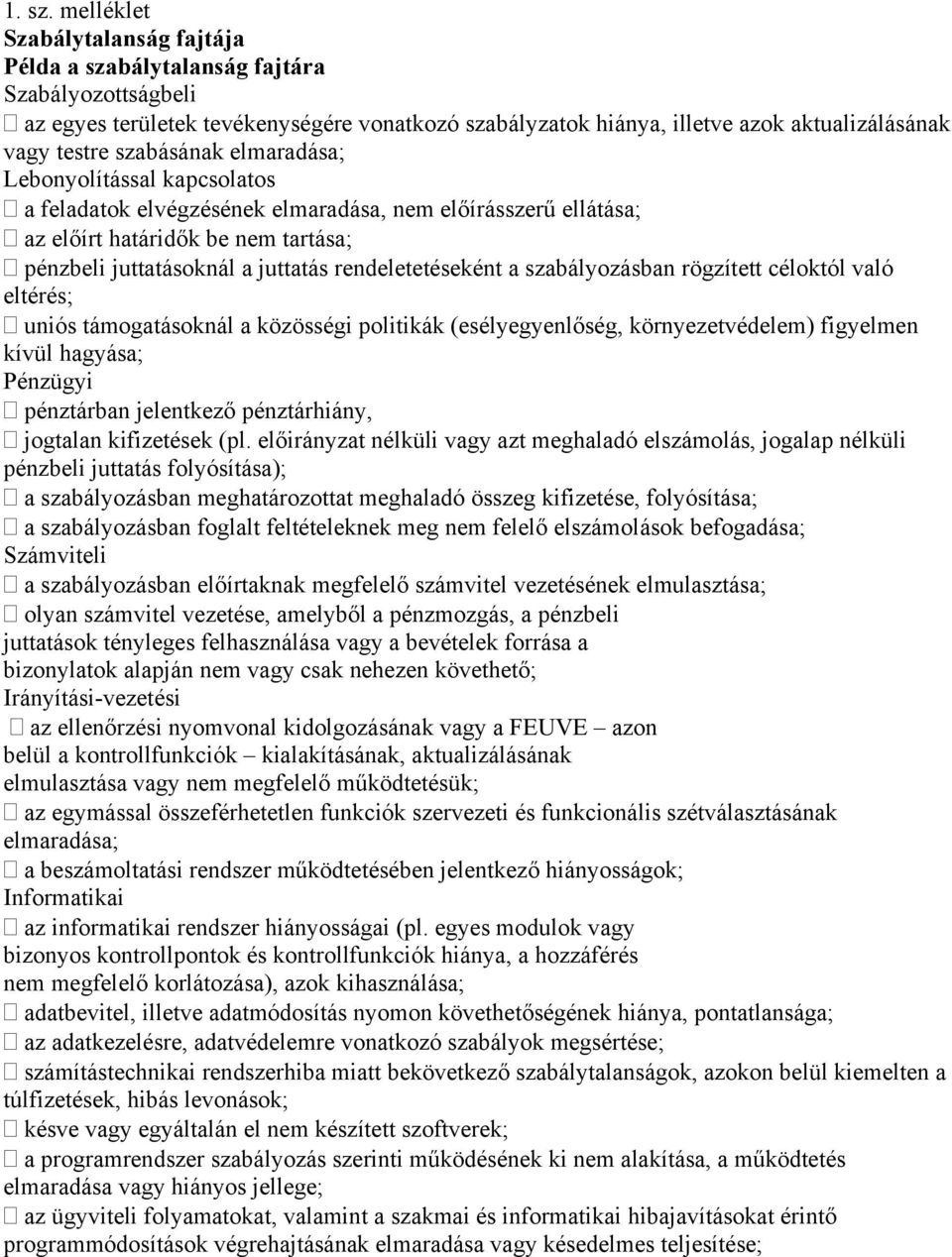 szabásának elmaradása; Lebonyolítással kapcsolatos a feladatok elvégzésének elmaradása, nem előírásszerű ellátása; az előírt határidők be nem tartása; pénzbeli juttatásoknál a juttatás