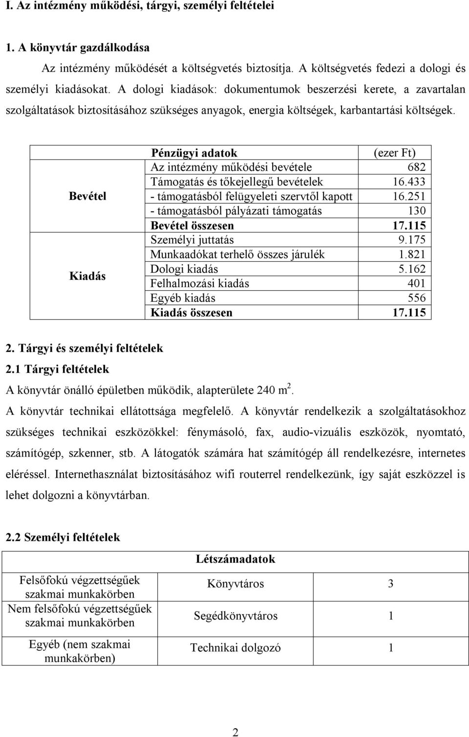 Bevétel Kiadás Pénzügyi adatok (ezer Ft) Az intézmény működési bevétele 682 Támogatás és tőkejellegű bevételek 16.433 - támogatásból felügyeleti szervtől kapott 16.