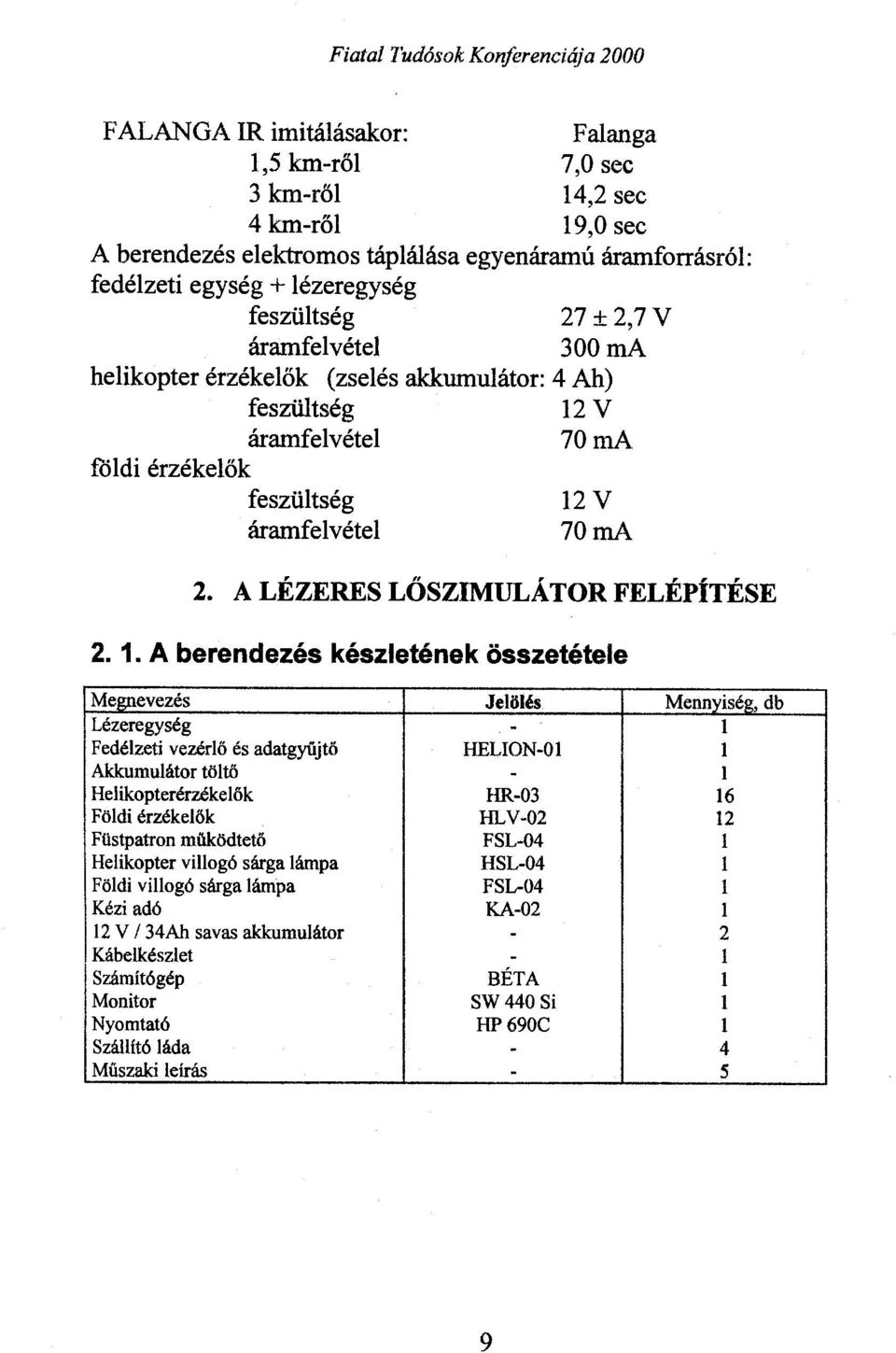 llevezés Jelölés Mennyiség, db Lézeregység - 1 Fedélzeti vezérlő és adatgyűjtő HELION-01 1 Akkumulátor töltő - 1 Helikopterérzékelők HR-03 16 Földi érzékelők HLV-02 12 Füstpatron működtető FSL-04 l