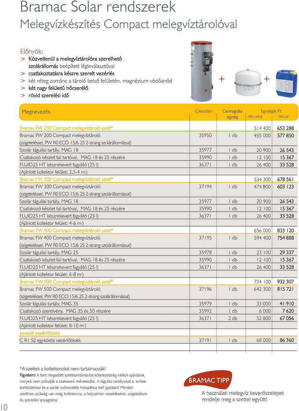 Compact melegvíztároló szett* Bramac FW 200 Compact melegvíztároló 35950 1 db (szigeteléssel, PW R0 ECO 15/6 2S 2-strang szolárállomással) Szolár tágulási tartály, MAG 18 35977 1 db Csatlakozó