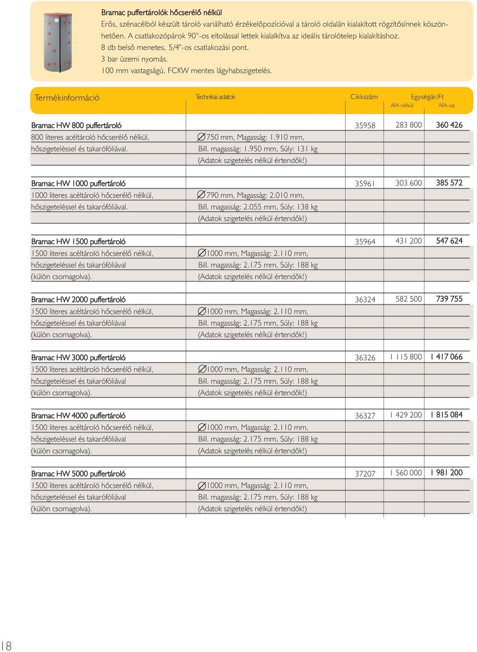 100 mm vastagságú, FCKW mentes lágyhabszigetelés. Bramac HW 800 puffertároló 35958 800 literes acéltároló hõcserélõ nélkül, 750 mm, Magasság: 1.910 mm, hõszigeteléssel és takarófóliával. Bill.