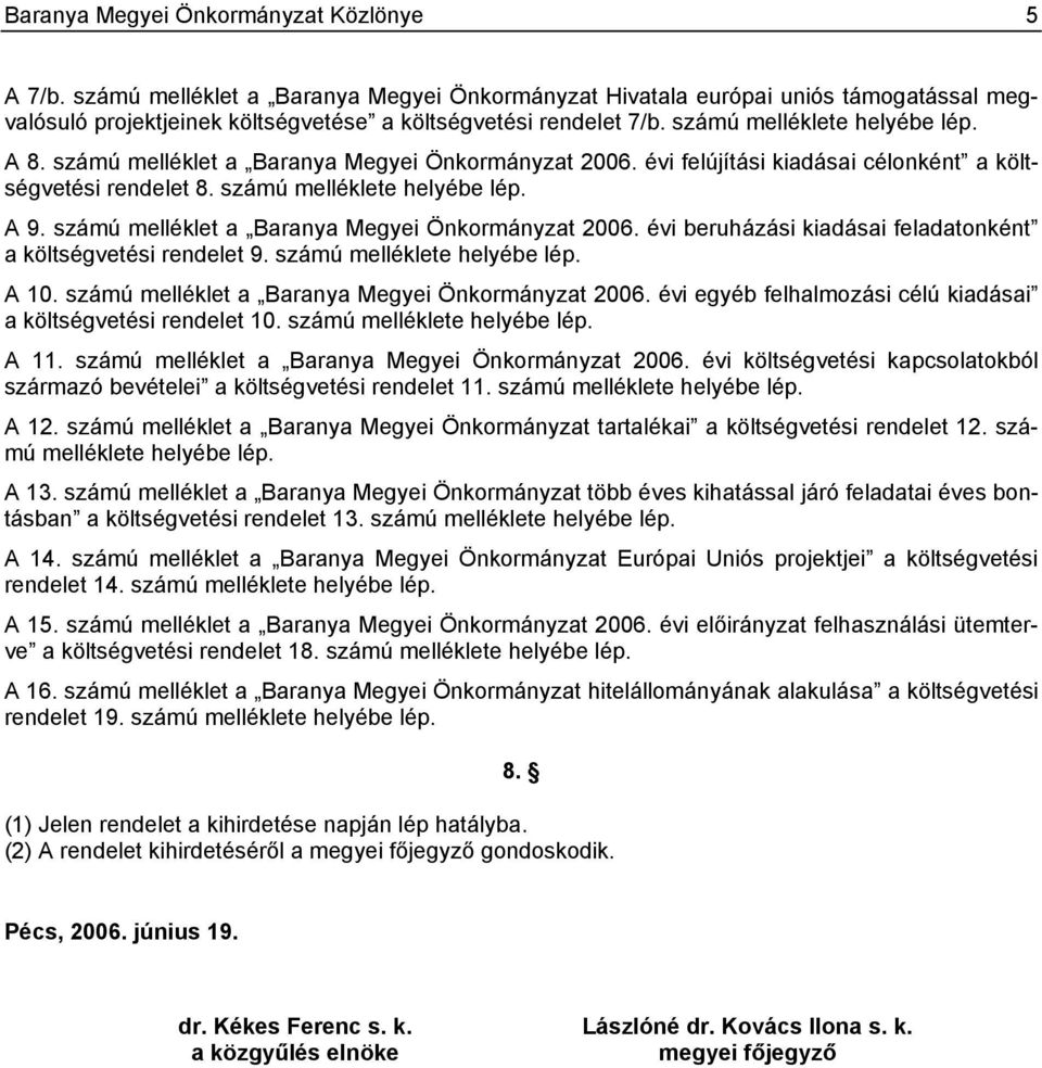 számú melléklet a Baranya Megyei Önkormányzat 2006. évi beruházási kiadásai feladatonként a költségvetési rendelet 9. számú melléklete helyébe lép. A 10.