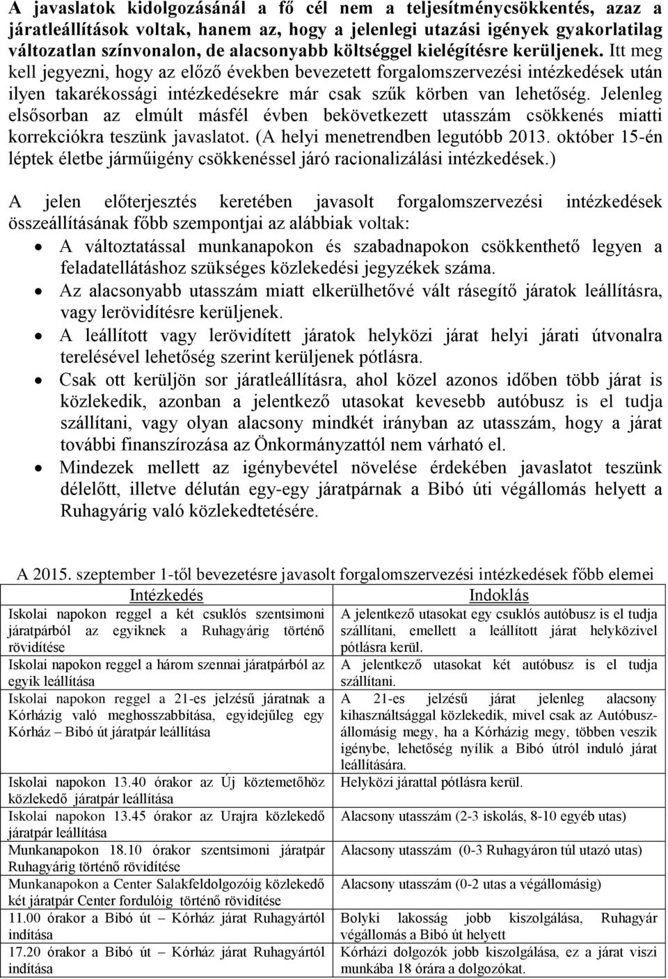 Jelenleg elsősorban az elmúlt másfél évben bekövetkezett utasszám csökkenés miatti korrekciókra teszünk javaslatot. (A helyi menetrendben legutóbb 2013.