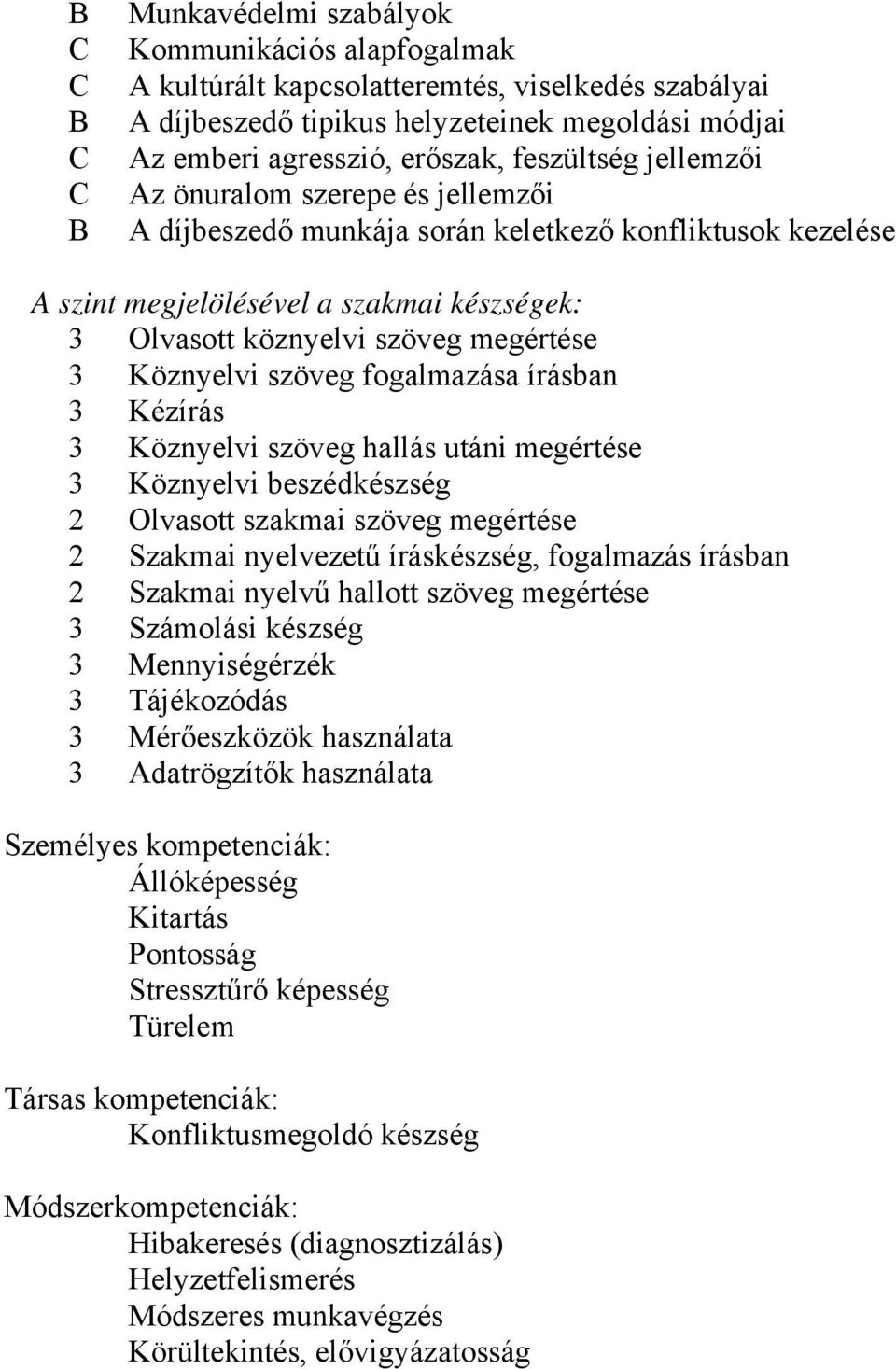 Köznyelvi szöveg fogalmazása írásban 3 Kézírás 3 Köznyelvi szöveg hallás utáni megértése 3 Köznyelvi beszédkészség 2 Olvasott szakmai szöveg megértése 2 Szakmai nyelvezetű íráskészség, fogalmazás