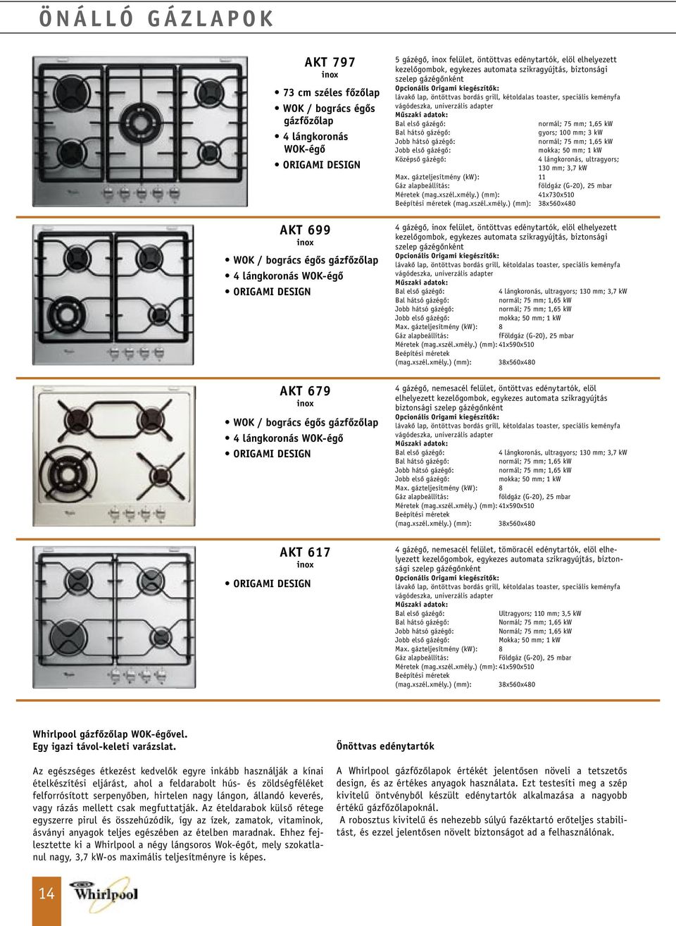 szikragyújtás, biztonsági szelep gázégônként Opcionális Origami kiegészítôk: lávakô lap, öntöttvas bordás grill, kétoldalas toaster, speciális keményfa vágódeszka, univerzális adapter Bal elsô