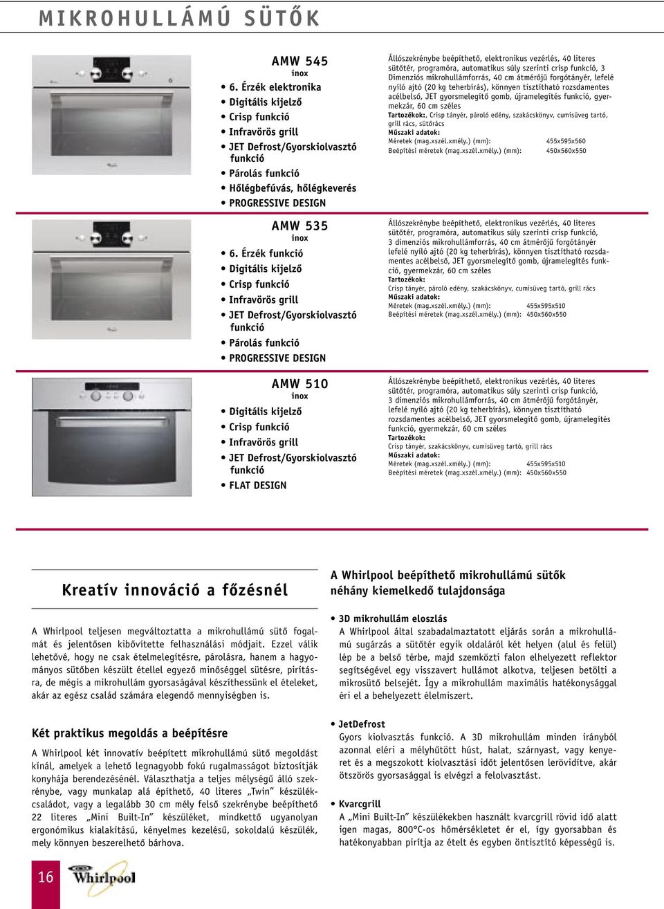 Érzék funkció Digitális kijelzô Crisp funkció Infravörös grill JET Defrost/Gyorskiolvasztó funkció Párolás funkció AMW 510 Digitális kijelzô Crisp funkció Infravörös grill JET Defrost/Gyorskiolvasztó