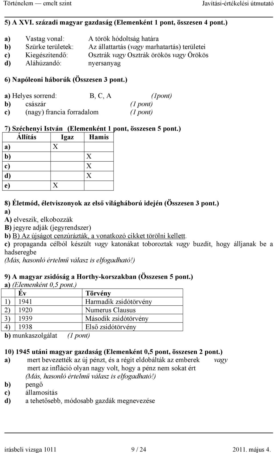 Napóleoni háborúk (Összesen 3 pont.) a) Helyes sorrend: B, C, A (1pont) b) császár (1 pont) c) (nagy) francia forradalom (1 pont) 7) Széchenyi István (Elemenként 1 pont, összesen 5 pont.