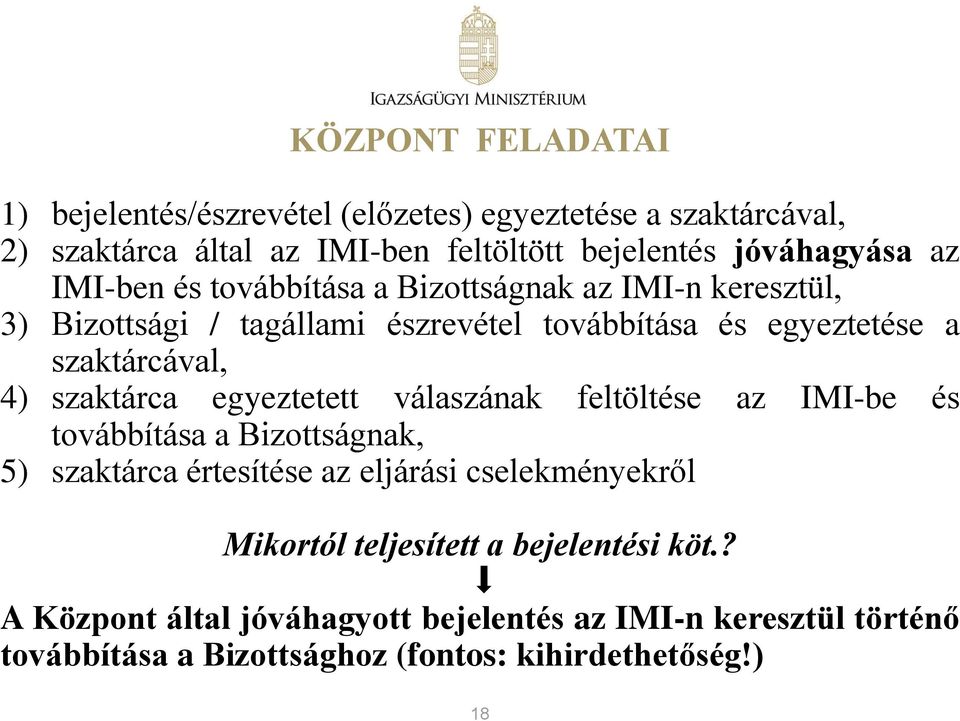 szaktárca egyeztetett válaszának feltöltése az IMI-be és továbbítása a Bizottságnak, 5) szaktárca értesítése az eljárási cselekményekről Mikortól