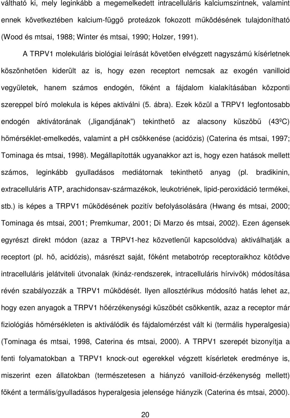 A TRPV1 molekuláris biológiai leírását követıen elvégzett nagyszámú kísérletnek köszönhetıen kiderült az is, hogy ezen receptort nemcsak az exogén vanilloid vegyületek, hanem számos endogén, fıként a