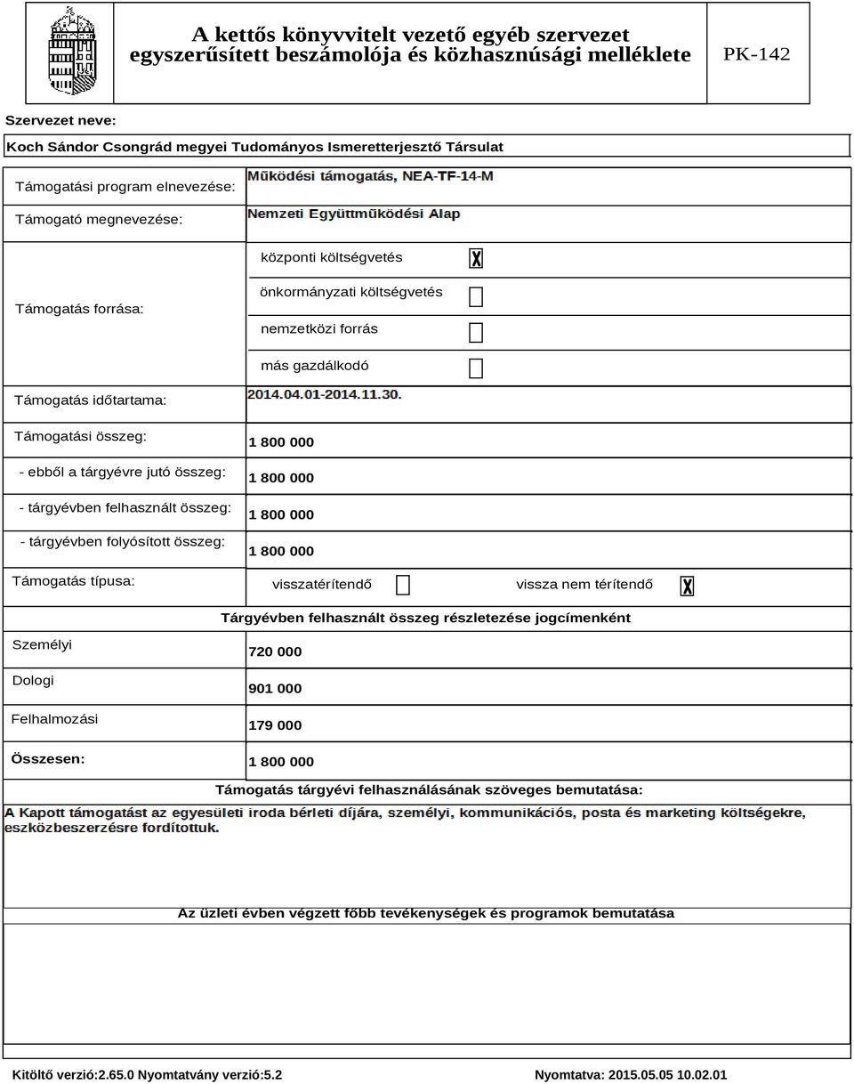 800 000 1 800 000 1 800 000 1 800 000 visszatérítendő vissza nem térítendő Tárgyévben felhasznált összeg részletezése jogcímenként Személyi Dologi Felhalmozási