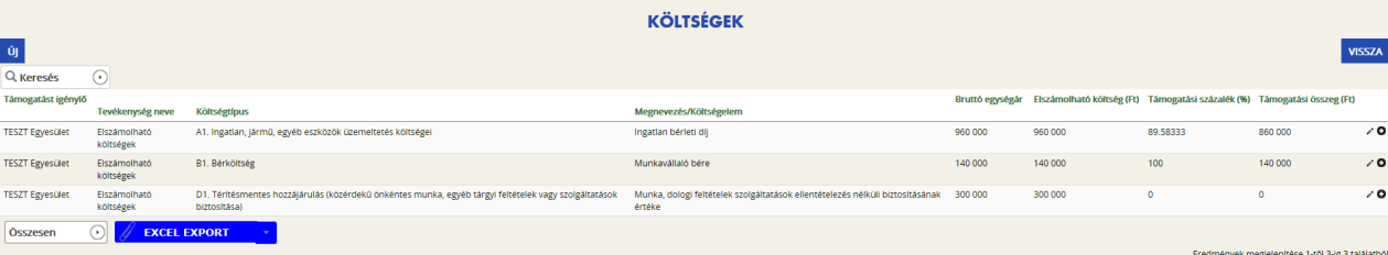A költségtípusok rögzítése legördülő menüből lehetséges, az alábbiak szerint: egyéb paraméter (csak NEA-NO-17-SZ és NEA-MA-17-SZ kategóriák esetében): ki kell választani a legördülő menüből, hogy a