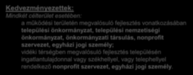 Helyi termékértékesítést szolgáló piacok infrastrukturális fejlesztése, közétkeztetés fejlesztése Kedvezményezettek: Mindkét célterület esetében: a működési területén megvalósuló fejlesztés