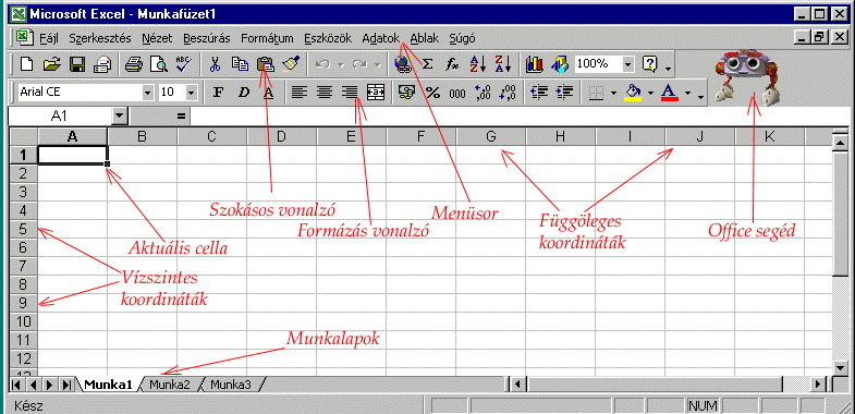 A program elindítása: Dupla kattintás az Asztalon található Excel ikonra Start menü Programok Microsoft Office Microsoft Office 2003 Excel fájlon, állományon dupla