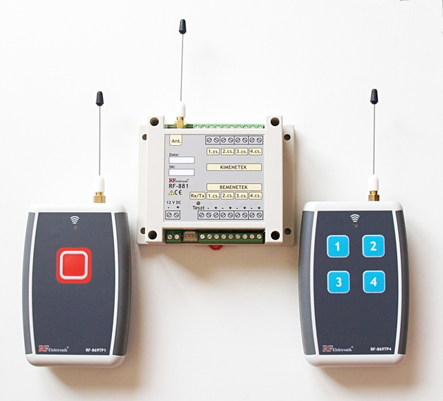 A rendszerben használható eszközök: 4 csatornás vevő RF-881 Antenna Két színű (zöld vagy piros) visszajelző LED 1 gombos adó TK-869TP-1 Vezérlő gombok 1 4 4 gombos adó TK-869TP-4 A TK-869TP RF-881