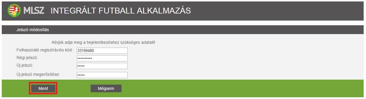 9. Az IFA rendszer Jelszó módosítás felületén adja meg az Önhöz tartozó regisztrációs kódot, az ideiglenesen, e-mail üzenetben kapott jelszót és kétszer az új jelszót, amit a későbbiekben használni