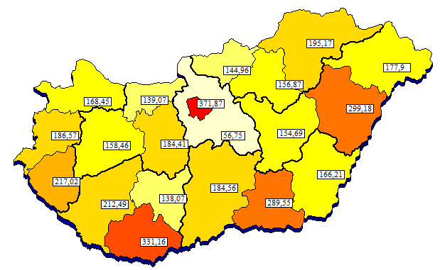 Tízezer lakosra jutó HBCs súlyszám összeg országos összesen: 212,80 Tízezer lakosra jutó HBCs súlyszám összeg megoszlása az