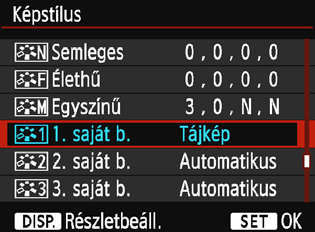 A A kedvenc képjellemzők tárolásan 5 Válasszon ki egy paramétert. Válassza ki a kívánt beállítást, például a [Képélesség]-et, majd nyomja meg a <0> gombot. 126 6 Állítsa be a paramétert.