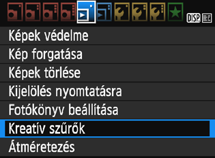 U Kreatív szűrők alkalmazása A következő kreatív szűrőket alkalmazhatja a képekre, melyeket aztán új képként menthet: Szemcsés fekete-fehér, Lágy fókusz, Halszemeffekt, Játékkamera effekt és Miniatűr