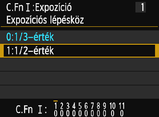 3 Egyedi funkciók beállításan Egyedi funkció száma 1 2 3 4 Válassza ki az [Egyedi funkciók (C.Fn)] lehetőséget. A [53] lapon válassza ki az [Egyedi funkciók(c.