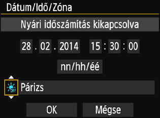 3 A dátum, az idő és az időzóna beállítása 4 5 6 Állítsa be a dátumot és az időt. A <Y> <Z> gombokkal válassza ki a számot. Nyomja meg a <0> gombot, és megjelenik a <a> jelzés.