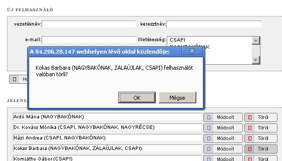 Felhasználó törlése esetén egy megerősítő kérdést tesz fel a rendszer. IV.2. Felhasználóként történő belépés A jegyző által felhasználóként a rendszerbe regisztrált személy által elérhető felület.