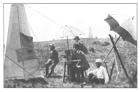 Az első kísérleti mérések az Eötvös-féle torziós ingával Gravitációs mérés 1891-ben, Ság-hegy.