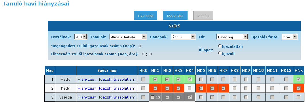 4. Tanuló egy tanítási órára vonatkozó hiányzásának, késésének felvitele.