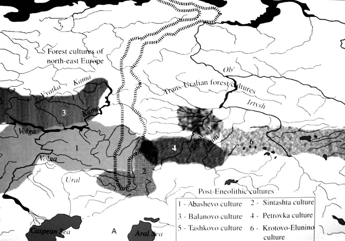A bronzkori árja és finnugor keveredésű Mezsovka-kultúra lelőhelyeinek megoszlása a Dél-Urál két