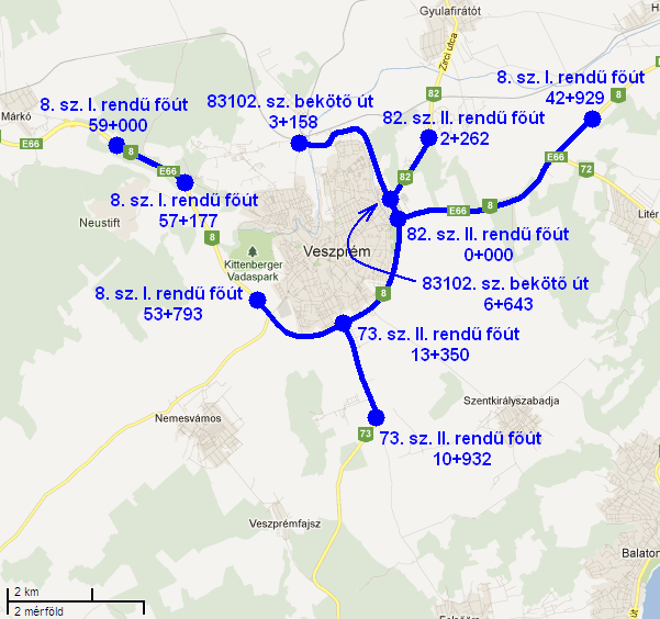 Zajtérképezett útszakaszok: 8. sz. I. rendű főút 42+929 53+793 km szelvény 8. sz. I. rendű főút 57+177 59+000 km szelvény 73. sz. II.