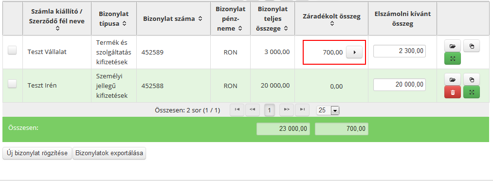 A tételek hozzárendelődnek az elszámoláshoz, majd a bizonylatok listájában a Záradékolt összeg mezőben megjelenik a már