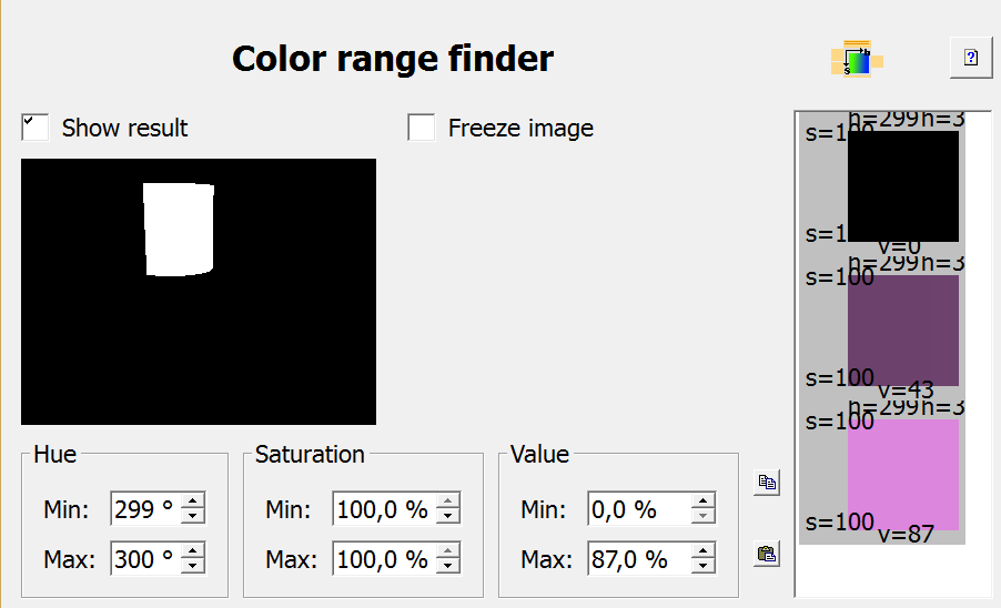 Selecting the desired color The figure above shows the Color Range Finder window. A simulation software was used in order to generate a site, which is shown on the window.