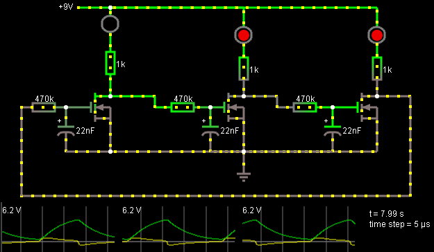 Három LED-es villogó Forrás: www.talkingelectronics.com/projects/mosfet/mosfet.html Mindhárom FET bemenete töltési és kisütési fázisokon megy keresztül, de fáziseltolással.