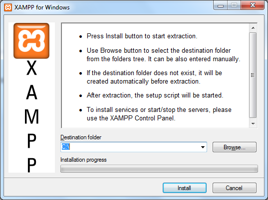2. XAMPP Telepítése - Ha letöltöttük, indítsuk el a telepítést: - Kiválasztjuk a célmappát, szerintem célszerű a Windows partíciójára telepíteni, azon belül