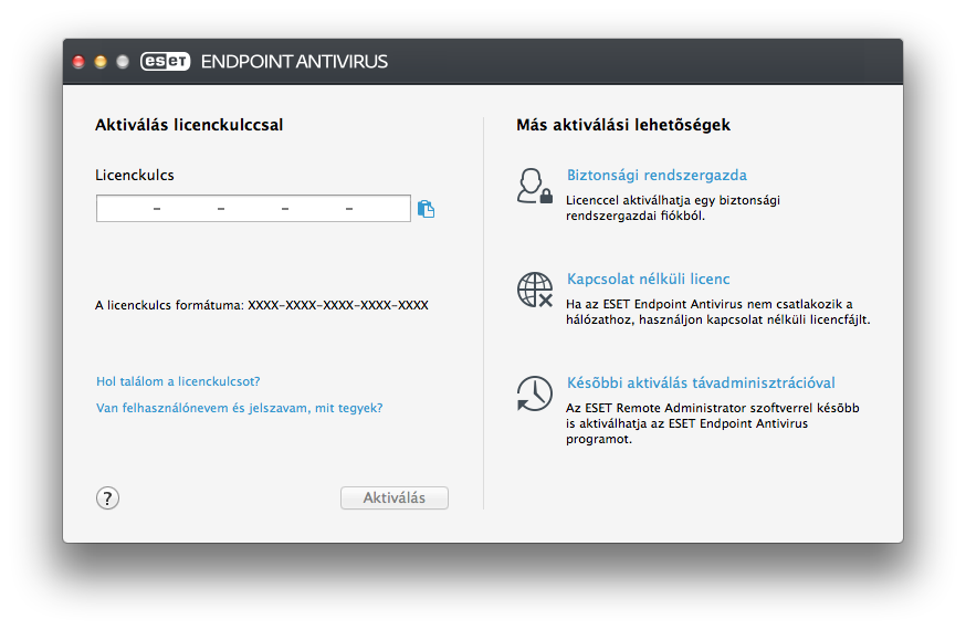 3.3.2 Távoli telepítés célszámítógépeken 4. Licenc aktiválása Az ESET Endpoint Antivirus az Apple Remote Desktop vagy a szokványos macos-csomagok (.