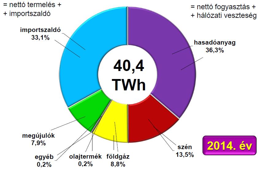 2014-ben a hazai összes villamosenergia-felhasználás (=bruttó termelés + importszaldó) jelentős részét (50,7 %-át) Paks és a Mátrai Erőmű adta. Ezeken kívül a Budapesti Erőművek Zrt.