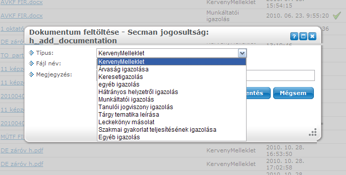 7.1.3. Dokumentumok kezelése Hallgatói weben A Hallgatói weben az Információ menüpont alatt Dokumentumok menüpontban tölthet fel a hallgató dokumentumokat.