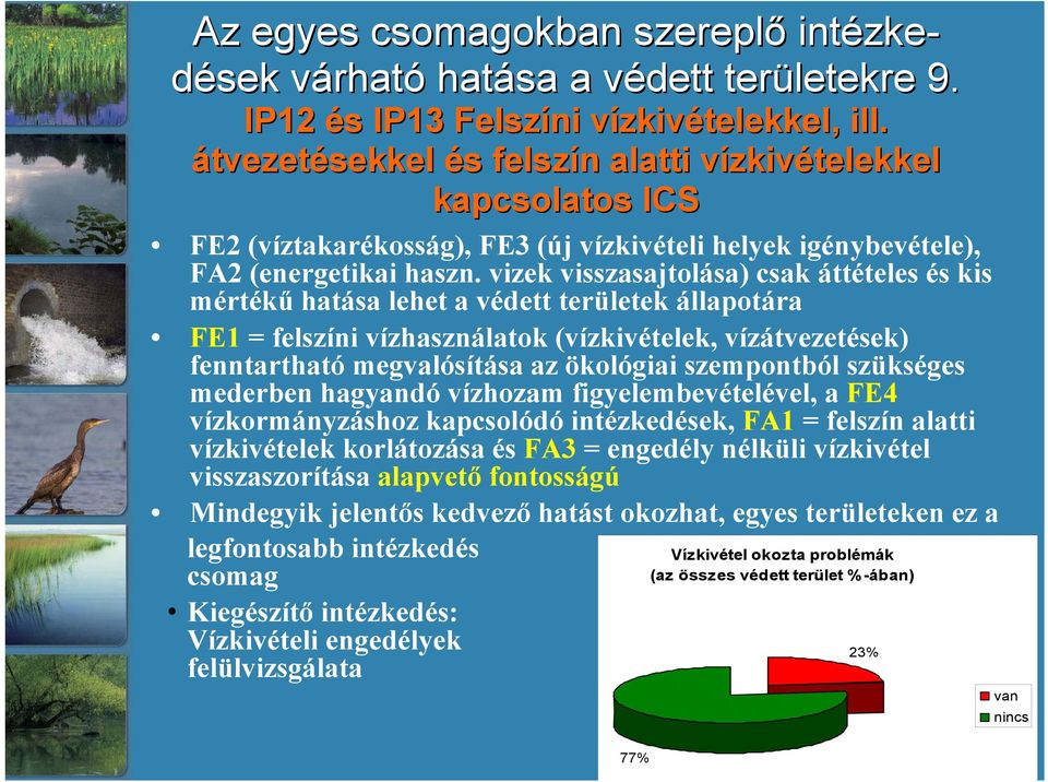 vizek visszasajtolása) csak áttételes és kis mértékű hatása lehet a védett területek állapotára FE1 = felszíni vízhasználatok (vízkivételek, vízátvezetések) fenntartható megvalósítása az ökológiai