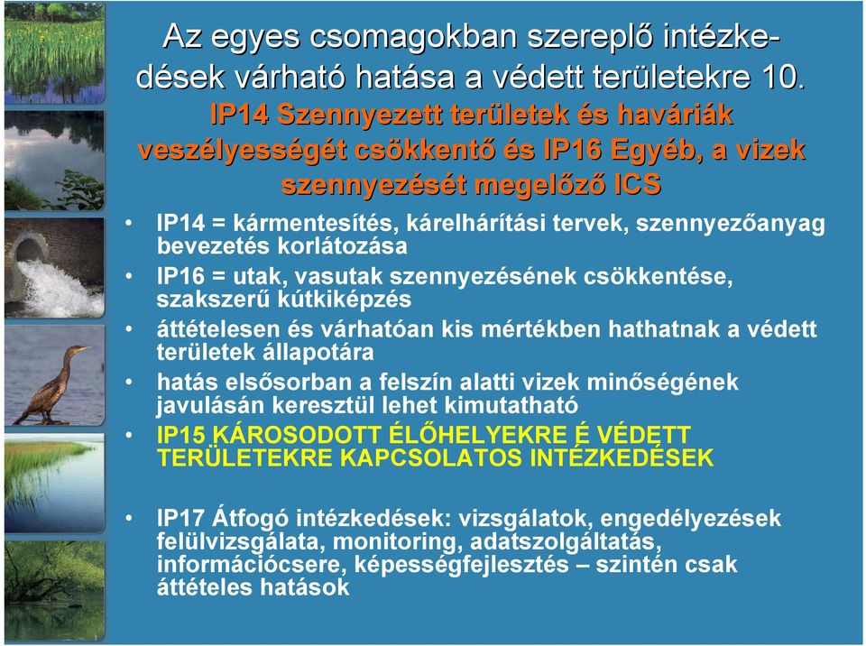 tervek, szennyezőanyag bevezetés korlátozása IP16 = utak, vasutak szennyezésének csökkentése, szakszerű kútkiképzés áttételesen és várhatóan kis mértékben hathatnak a védett