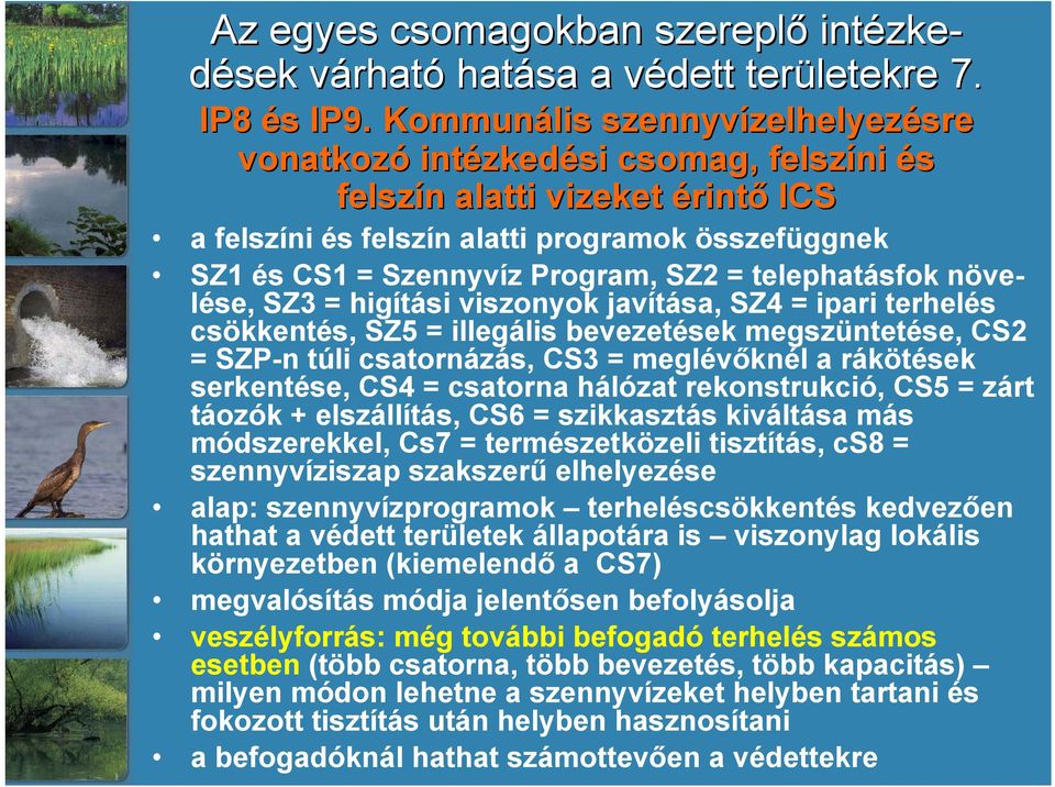 Szennyvíz Program, SZ2 = telephatásfok növelése, SZ3 = higítási viszonyok javítása, SZ4 = ipari terhelés csökkentés, SZ5 = illegális bevezetések megszüntetése, CS2 = SZP-n túli csatornázás, CS3 =