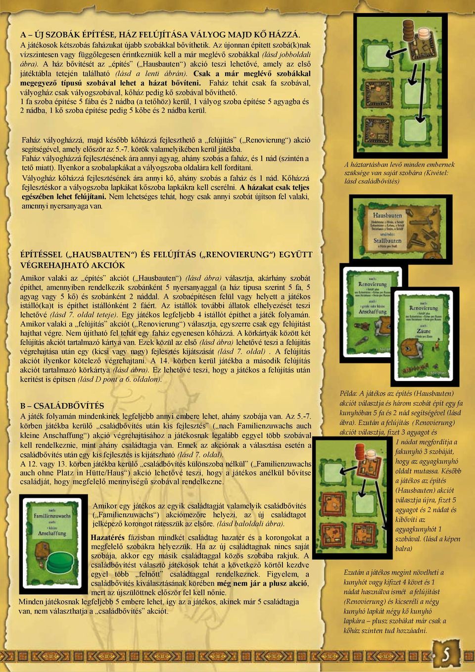 A ház bővítését az építés ( Hausbauten ) akció teszi lehetővé, amely az első játéktábla tetején található (lásd a lenti ábrán).