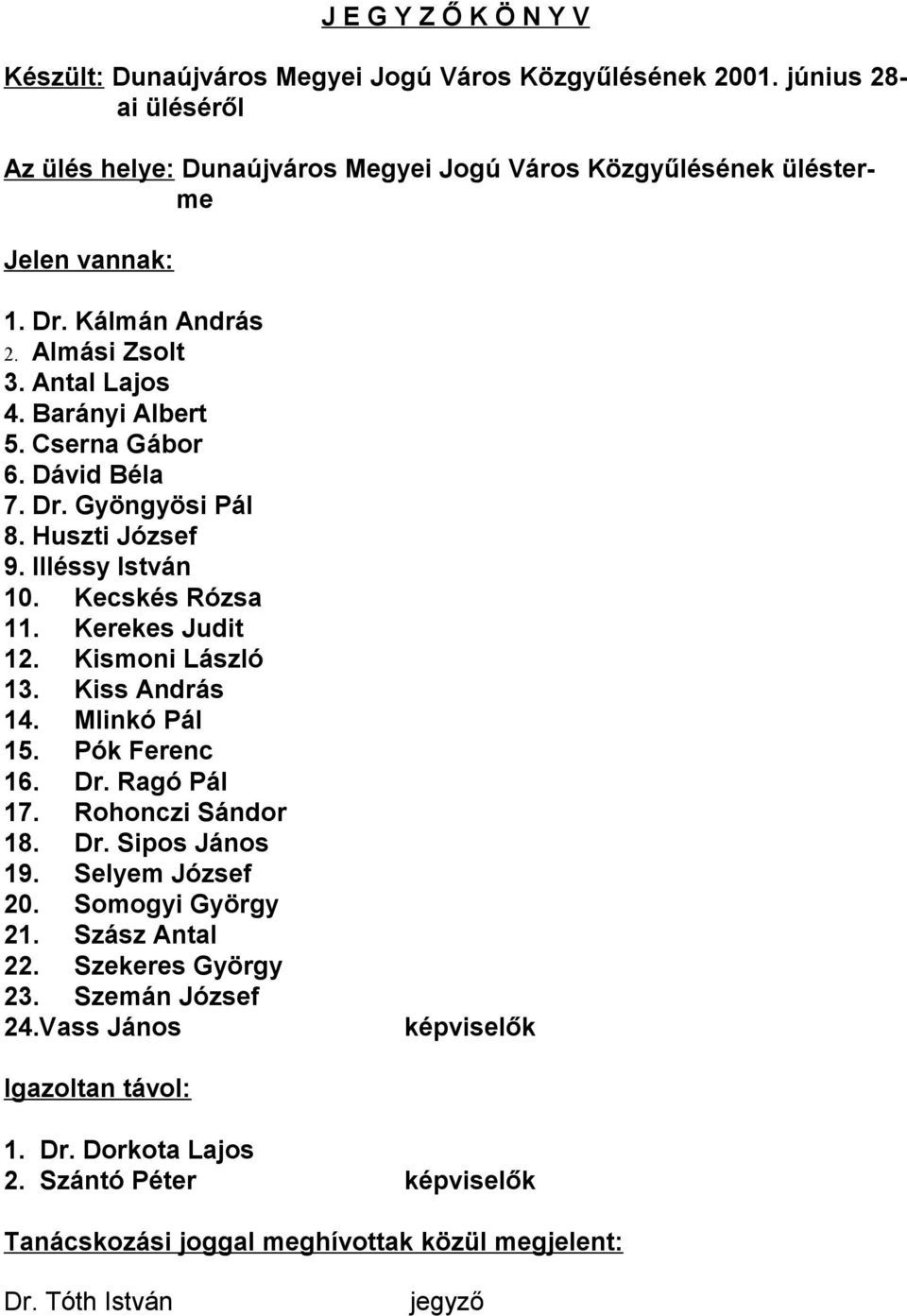 Kerekes Judit 12. Kismoni László 13. Kiss András 14. Mlinkó Pál 15. Pók Ferenc 16. Dr. Ragó Pál 17. Rohonczi Sándor 18. Dr. Sipos János 19. Selyem József 20. Somogyi György 21.