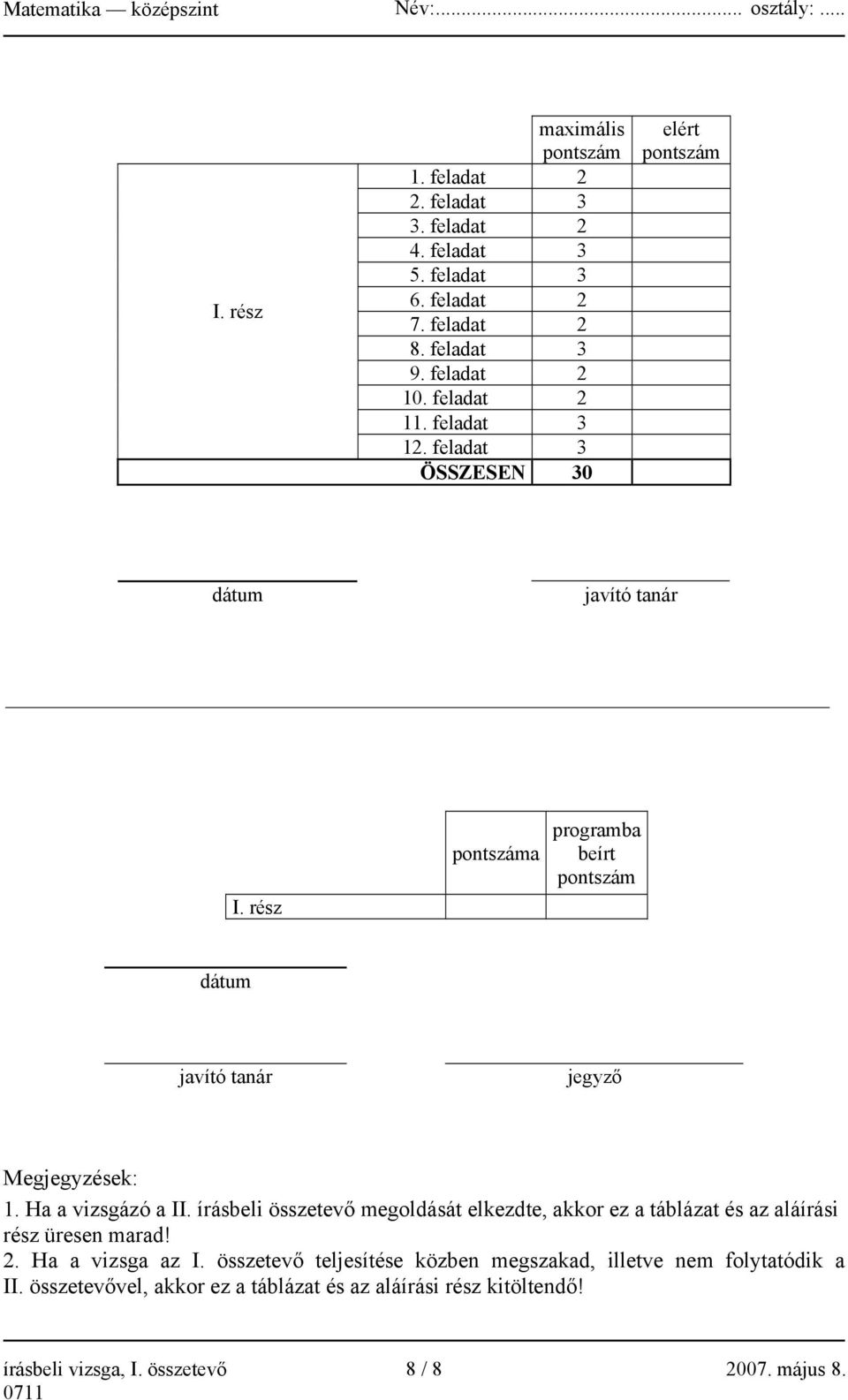 rész pontszáma programba beírt pontszám dátum javító tanár jegyző Megjegyzések: 1. Ha a vizsgázó a II.