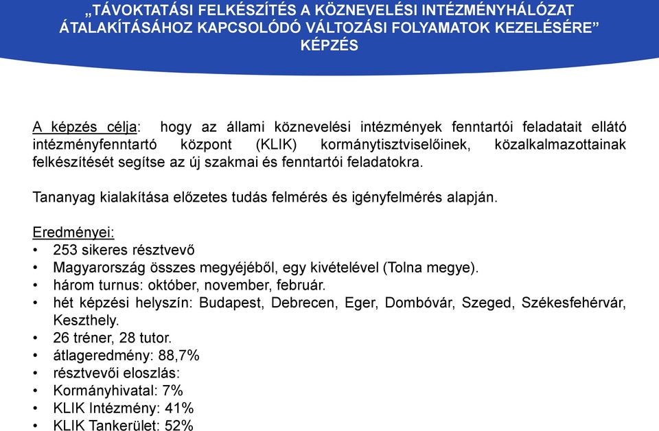 Tananyag kialakítása előzetes tudás felmérés és igényfelmérés alapján. Eredményei: 253 sikeres résztvevő Magyarország összes megyéjéből, egy kivételével (Tolna megye).
